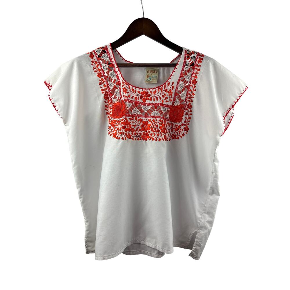 Women’s El Interior Large White Short Sleeve Blouse w/ Orange Embroidery